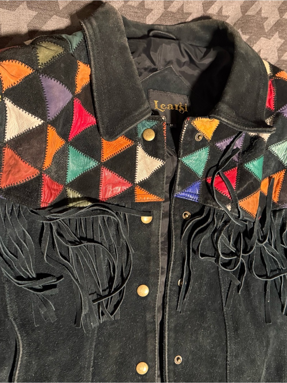Vintage 90s Black Patchwork Leather Fringe Western Cropped Jacket southwestern - Picture 2 of 7